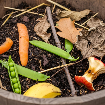 A top-down view of a compost bin where colorful kitchen scraps like carrots, peas, and an apple core mix with leaves and soil, beginning the natural decomposition process.の素材