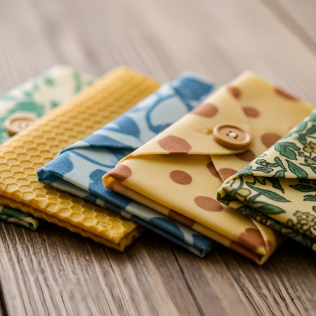 A close-up shot of multiple colorful beeswax food wraps, folded and arranged diagonally on a rustic wooden surface. Features diverse patterns, including polka dots with a wooden button, honeycomb texture, and floral designs. Highlights sustainable kitchen solutions.の素材