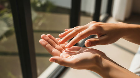A close-up of hands applying a dollop of cream, bathed in warm, natural sunlight from a window. A serene moment of daily skincare, wellness, and self-care.の素材