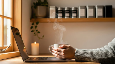 A person in a warm sweater holds a steaming mug of coffee next to an open laptop, with a lit candle and shelves of canisters in the background, creating a cozy atmosphere.の素材
