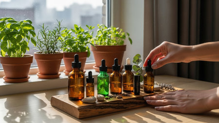 A persons hand reaches for a brown essential oil bottle on a wooden tray. The scene is set indoors, with a window and a row of potted herbs basil, rosemary, and others in the background. Soft, natural light illuminates the scene, creating a calming atmosphere.の素材