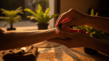 An intimate, tender moment as hands perform a healing ritual with a stone on a wrist. The scene is bathed in warm, golden light, creating a serene and spiritual mood.の素材