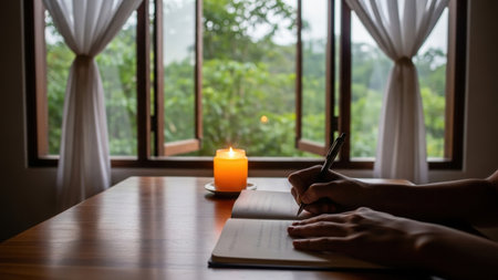 A writer finds inspiration, journaling by the warm glow of a candle at a wooden desk overlooking a serene, verdant forest through a large window.の素材