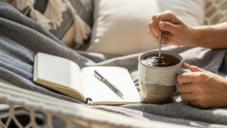 A persons hands stir a steaming mug of coffee next to an open notebook and pen, nestled in a soft, draped hammock, evoking warmth and relaxation.の素材