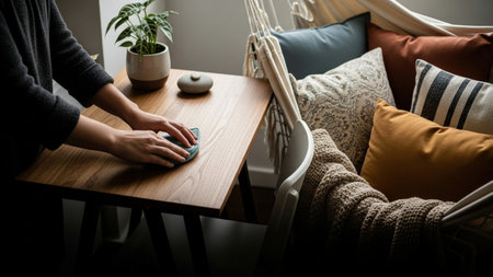 A persons hands meticulously clean a warm wooden table, surrounded by a comfortable, inviting arrangement of textured cushions and a potted plant.の素材