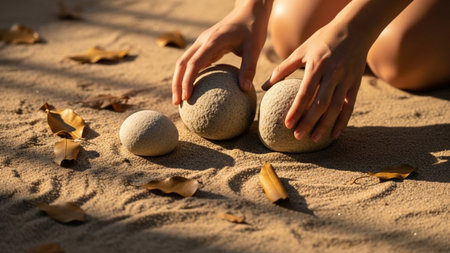 A persons hands gently arrange three smooth, round objects on sun-drenched sandy ground, surrounded by scattered dry autumn leaves, bathed in warm golden hour light.の素材