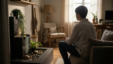 A young boy sits on a sofa, gazing out a bright window. An indoor water fountain adds tranquility to the softly lit, comfortable living room.の素材