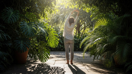 A woman stretches on a sunlit path in a lush tropical garden. Golden light filters through green foliage, creating a serene and peaceful atmosphere.の素材