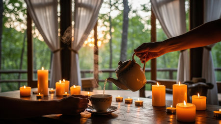 Intimate evening tea service with a hand pouring from a teapot into a cup, surrounded by glowing candles on a wooden table. A serene forest view at sunset creates a cozy, romantic ambiance.の素材