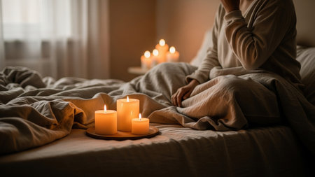 A person sits on a bed, enveloped in a blanket, surrounded by the soft, warm glow of multiple lit candles, creating a serene and intimate atmosphere.の素材