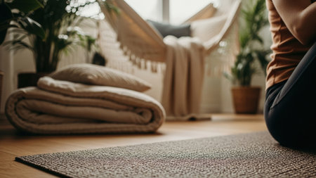 A tranquil indoor scene featuring a rolled blanket, a hammock, and lush green plants. The soft, natural light creates a warm and inviting atmosphere. The composition focuses on elements of relaxation and comfort.の素材