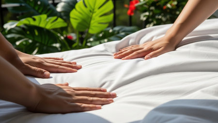Two pairs of hands gently massage a person lying on a white linen-covered massage table outdoors. Lush green foliage provides a natural backdrop, bathed in soft, natural light. The scene evokes relaxation and well-being.の素材