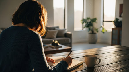 A woman from behind, focused on writing in a notebook at a sunlit wooden table. A coffee cup sits nearby, with a bright, cozy living room in the background, bathed in warm morning light.の素材