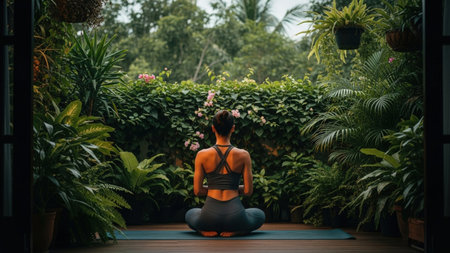 An athletic woman meditates on a mat, her back to the camera, gazing into a verdant, peaceful garden. The scene is framed by a doorway, creating a tranquil, private view.の素材