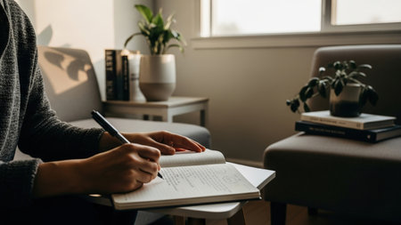 A persons hands are focused on writing in a journal, bathed in warm, natural light from a window, creating a peaceful, introspective atmosphere.の素材