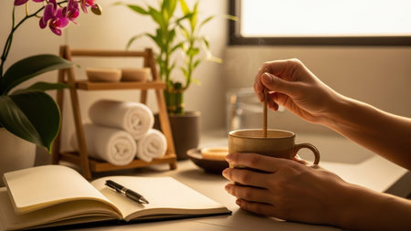 Hands stir a warm drink in a cozy, sunlit setting. An open notebook, vibrant orchid, and spa towels create a serene atmosphere, perfect for a peaceful morning ritual or mindful break.の素材