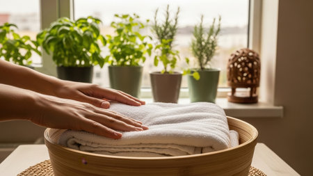 Close-up of hands delicately folding clean white towels in a wooden bowl, with lush green potted herbs and a decorative lantern on a windowsill bathed in soft, natural light.の素材
