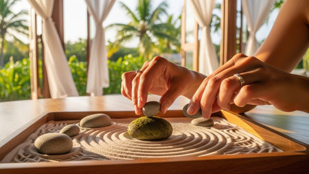 Close-up of hands finding tranquility by arranging a desktop Zen garden. A lush tropical paradise with palm trees is visible through the window during a beautiful golden hour.の素材