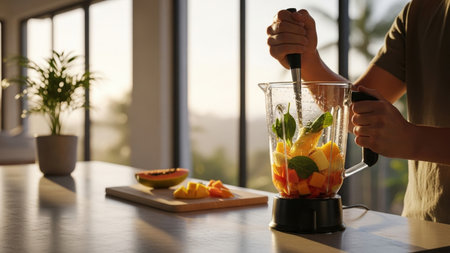 A person prepares a healthy fruit smoothie in a modern kitchen during golden hour, using a tamper to push fresh, colorful ingredients into the blender.の素材