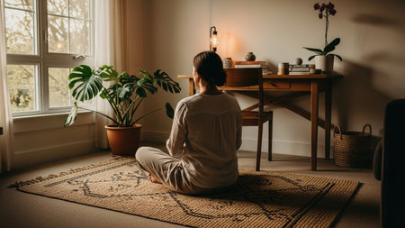 A person finds tranquility, meditating cross-legged on a patterned rug in a cozy, sunlit room. Soft, warm light illuminates the peaceful scene, creating a sanctuary at home.の素材
