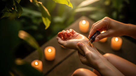 Close-up of hands applying essential oil from a dropper bottle onto a wrist, holding red berries. Soft candlelight and green foliage create a tranquil, natural wellness atmosphere.の素材