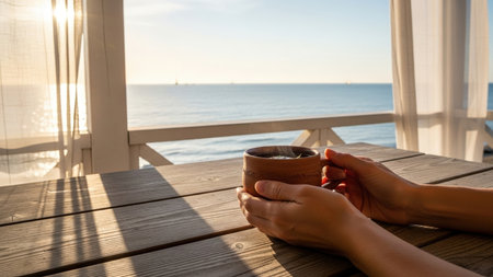 A persons hands gently cradle a warm coffee cup on a weathered wooden table. The scene is bathed in soft, natural light, with a tranquil ocean vista visible through a white-framed opening. The composition evokes a sense of peace and relaxation.の素材