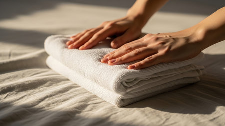 Womans hands carefully fold a stack of clean, white towels on a bed, bathed in soft, warm sunlight creating a peaceful, domestic scene.の素材