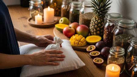 Hands carefully fill a natural herbal sachet on a rustic wooden table, surrounded by vibrant fresh fruits, dried spices in jars, and warm candlelight, evoking holistic wellness.の素材