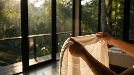 Close-up of hands unfolding a soft, light fabric in a sun-drenched room. Warm morning light streams through large windows, revealing lush green nature outside, creating a serene, fresh atmosphere.の素材