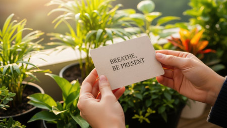 Gentle hands cradle a small card with an inspiring message, surrounded by vibrant green plants bathed in warm, diffused sunlight, evoking peace and mindfulness.の素材