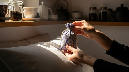 A persons hands gently present a small, eco-friendly fabric gift pouch, bathed in warm, golden sunlight within a cozy domestic setting, highlighting mindful living.の素材