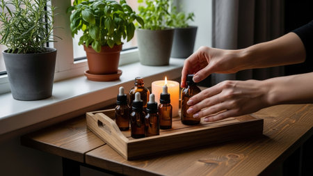 A close-up shot of hands carefully placing amber glass bottles on a rustic wooden tray, illuminated by a soft candle flame, with lush green potted plants in the background.の素材
