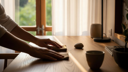 A persons hands carefully arrange objects on a wooden table bathed in soft, natural light filtering through a window. The scene evokes a sense of calm and domesticity, with a cup, stone, and other items.の素材