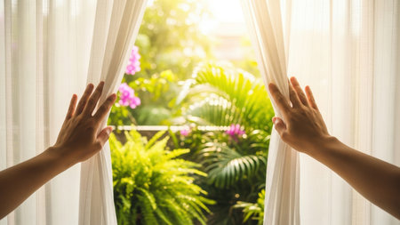 A serene moment as hands gently pull back sheer curtains, unveiling a vibrant, sun-drenched tropical garden with lush foliage and delicate pink flowers.の素材