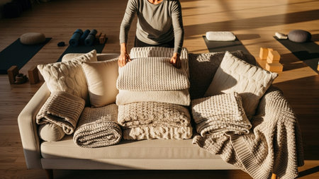 A person meticulously arranges blankets and pillows on a sofa, bathed in warm sunlight. The scene depicts a cozy home interior, emphasizing comfort and relaxation. The composition is from an elevated perspective, highlighting the textures and colors.の素材