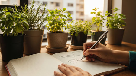 A persons hands write in a journal on a wooden desk. Potted green plants line a sunlit window, creating a serene, natural workspace for thoughtful reflection or planning.の素材