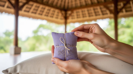 Gentle hands carefully unwrap a small, lavender-filled sachet, evoking tranquility and relaxation in a lush, open-air pavilion.の素材