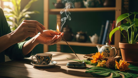 A person lights an incense stick with a match, creating a serene atmosphere. The scene includes a tea cup, teapot, flowers, and plants, bathed in warm sunlight. The setting suggests a cozy tea ceremony.の素材