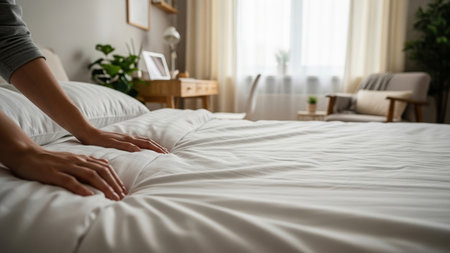 A persons hands meticulously smooth a pristine white bedsheet in a sunlit bedroom. The scene showcases a clean, inviting interior with soft lighting, a cozy atmosphere, and a focus on domestic tranquility. The composition uses a shallow depth of field.の素材