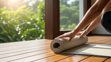A womans hands carefully roll up a yoga mat on a sunlit wooden floor, with a vibrant green outdoor view. This serene moment captures the end of a peaceful morning workout, emphasizing health and wellness.の素材