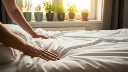 A persons hands neatly arrange white bed linen in a bright bedroom. Warm sunlight streams through the window, illuminating potted plants on the sill, evoking a fresh, clean domestic routine.の素材