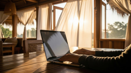 A person works on a laptop at a wooden table inside a sunlit room. Sunlight streams through sheer curtains, illuminating the workspace. The setting appears to be a relaxed, tropical-style environment.の素材