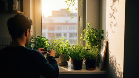 A man gazes at vibrant green plants on a sunlit windowsill. The golden hour bathes the scene in warm light, illuminating the plants and the building outside. The composition focuses on the connection between nature and the interior.の素材