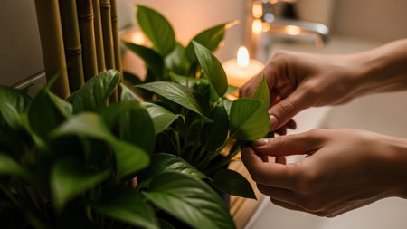 Close-up of hands gently tending a lush green houseplant, likely in a bathroom with soft ambient light, creating a peaceful, nurturing scene.の素材