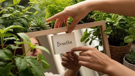 Close-up of hands placing a Breathe affirmation card on a mirror, with a finger pointing at the reflection. Lush green plants frame the scene, emphasizing mindfulness, self-care, and a connection to nature for mental well-being.の素材
