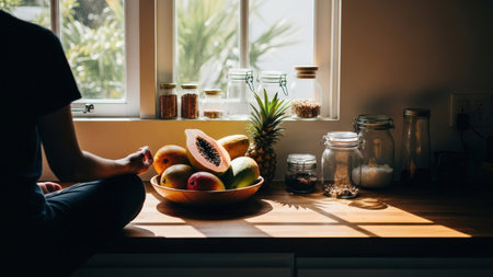 A person meditates in a peaceful lotus position on a sunlit kitchen counter, bathed in warm morning light. A vibrant bowl of fresh fruit sits nearby, symbolizing health and wellness.の素材