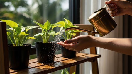 A person waters a row of potted plants on a wooden shelf near a sunlit window. The warm light highlights the copper watering can and the vibrant green leaves. The scene evokes a sense of tranquility and care.の素材