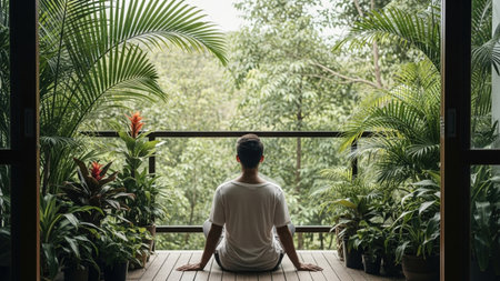 Back view of a person meditating on a wooden balcony, surrounded by vibrant tropical plants, overlooking a dense green forest, creating a peaceful, relaxing atmosphere.の素材