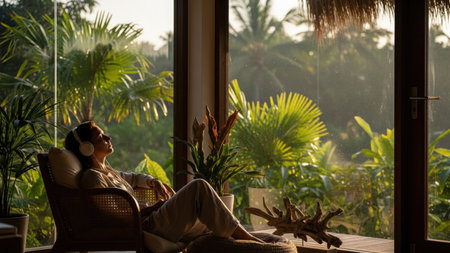 Peaceful woman in headphones unwinds on a lounge chair, bathed in warm golden light, overlooking a vibrant tropical jungle vista, embodying tranquility.の素材