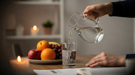 A hand pours fresh water from a glass pitcher into a glass on a wooden table. The warm, candlelit background with a fruit bowl creates a cozy, serene, and intimate evening ambiance.の素材
